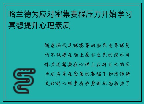 哈兰德为应对密集赛程压力开始学习冥想提升心理素质
